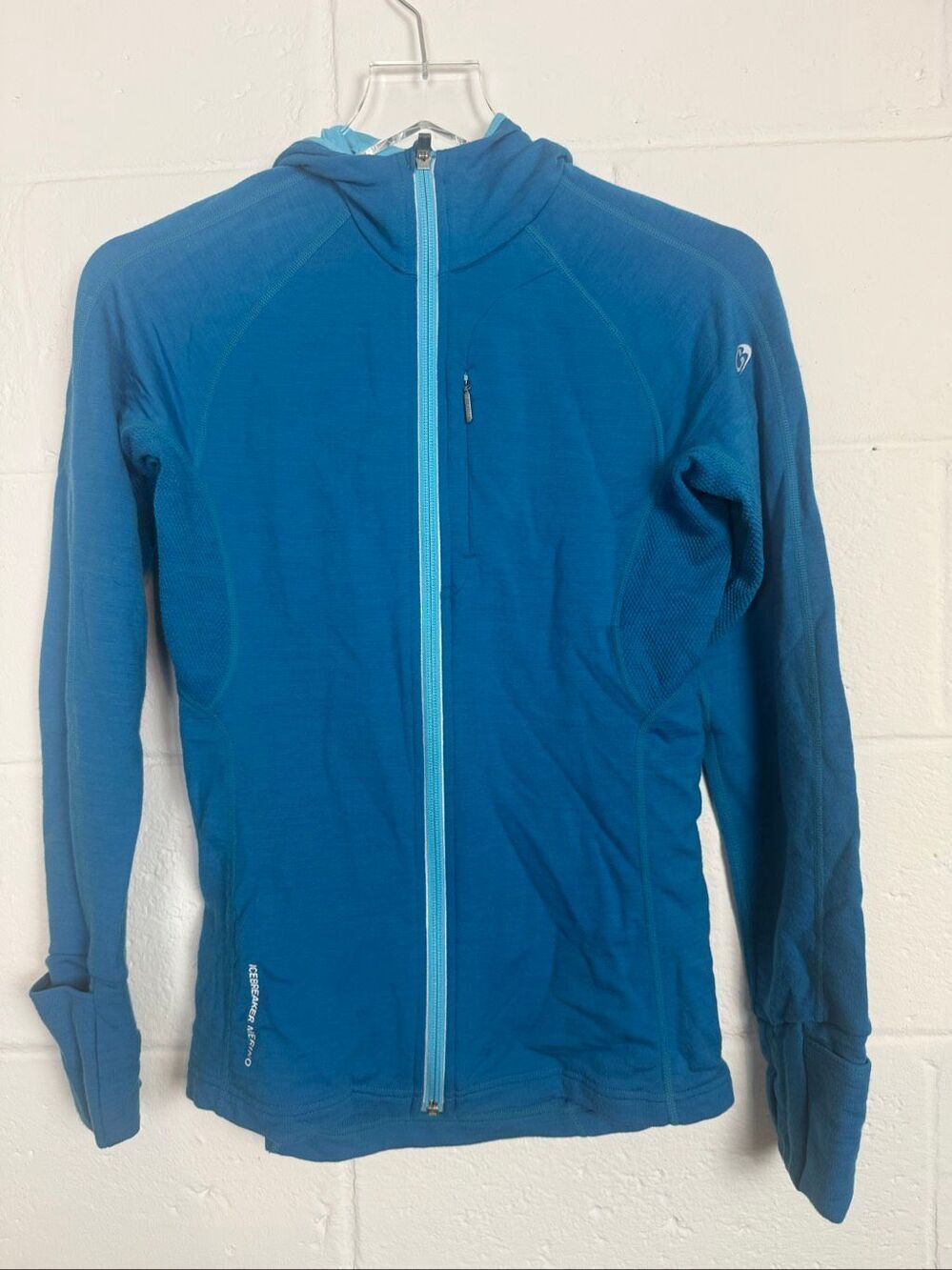 Icebreaker Merino GT Women’s Full Zip Hooded Jacket Blue Thumbholes Running Hiki